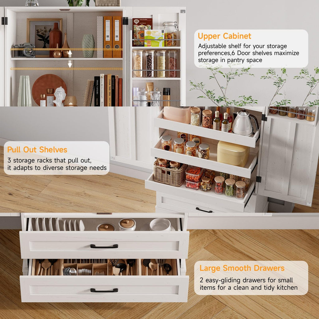 71" Off-White Kitchen Pantry Cabinet with 3 Pull-Out Shelf & 2 Drawer L5150