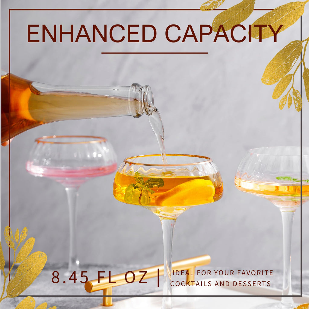 Coupe Glasses Set of 4 Hand Blown 8.45 oz Gold Rim P88944