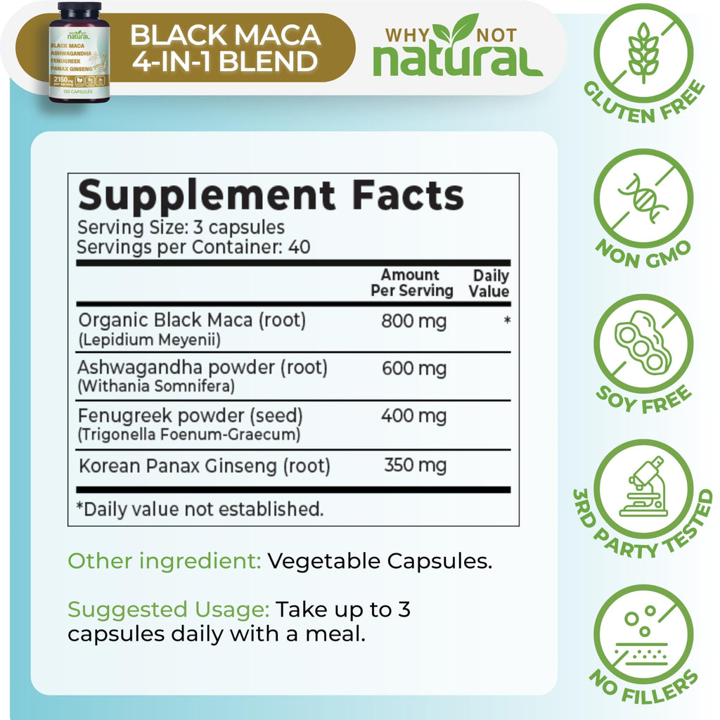 Organic Black Maca Root Ashwagandha Fenugreek Panax Ginseng Capsules Y99207
