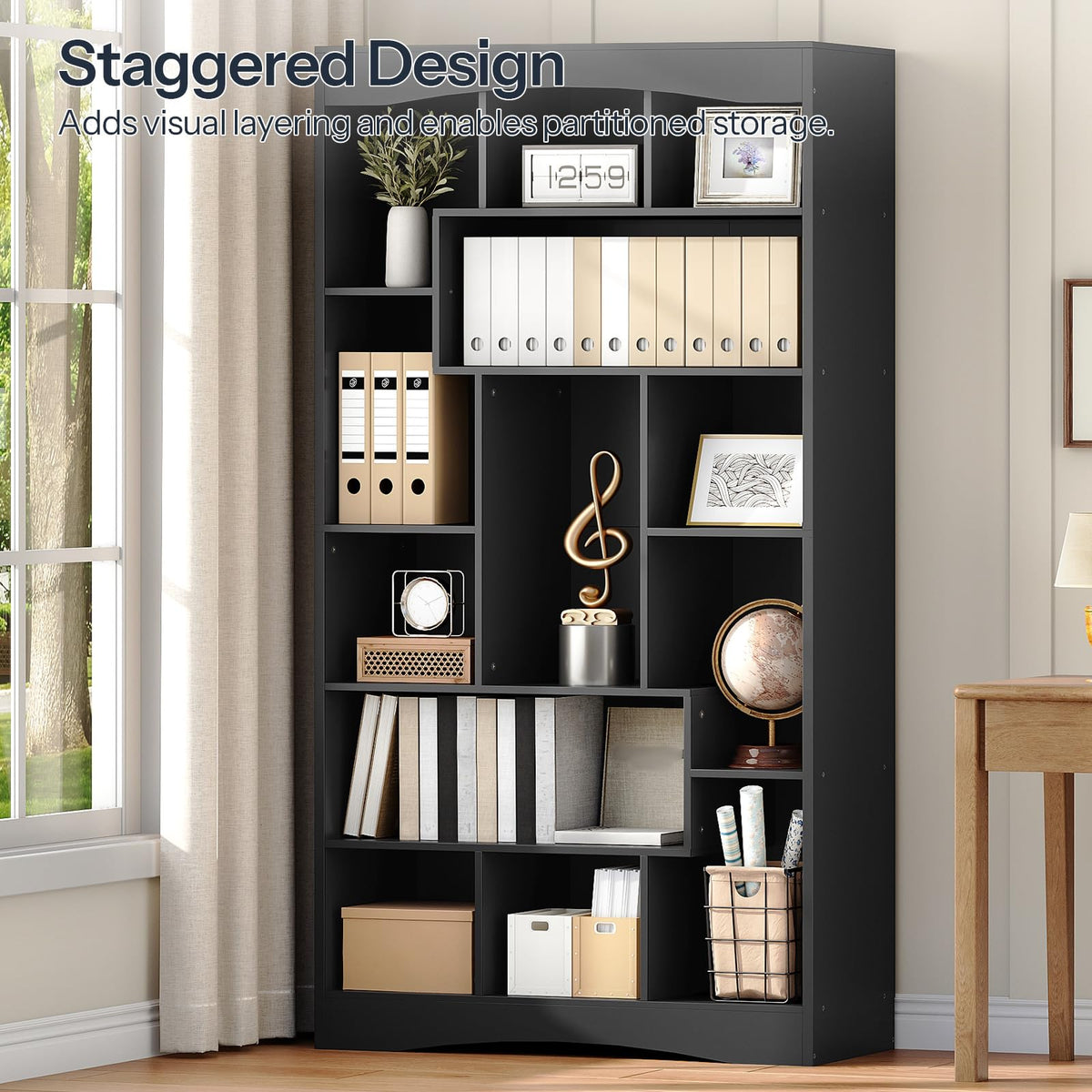 6-Tier Black Bookshelf with Open Shelves T10646