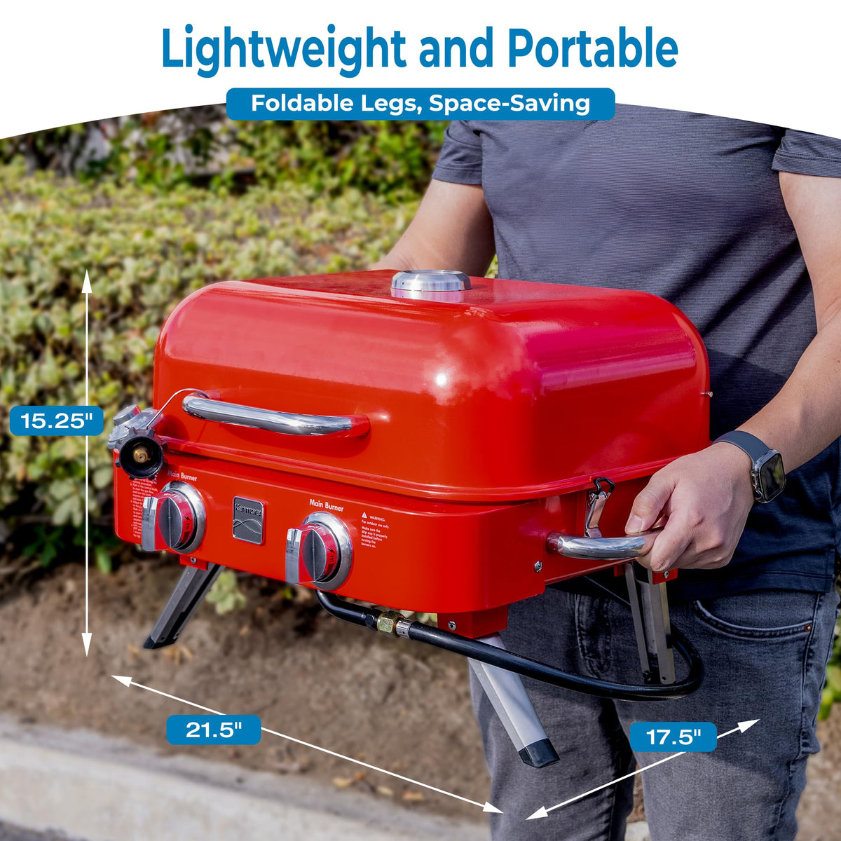 Portable Propane Gas Grill with Warming Rack, 2 Stainless Steel Burners, 14,000 BTUs, Red A569