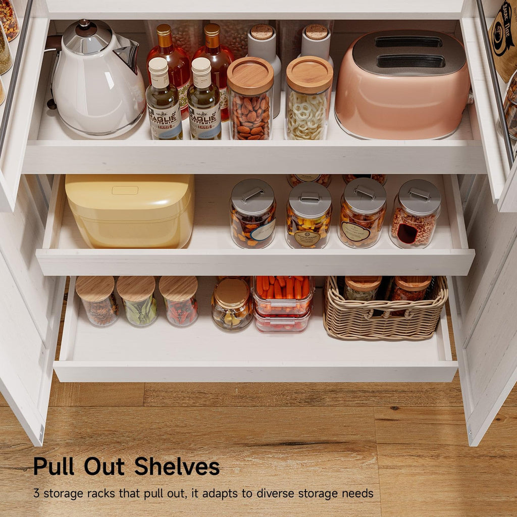 71" Off-White Kitchen Pantry Cabinet with 3 Pull-Out Shelf & 2 Drawer L5150