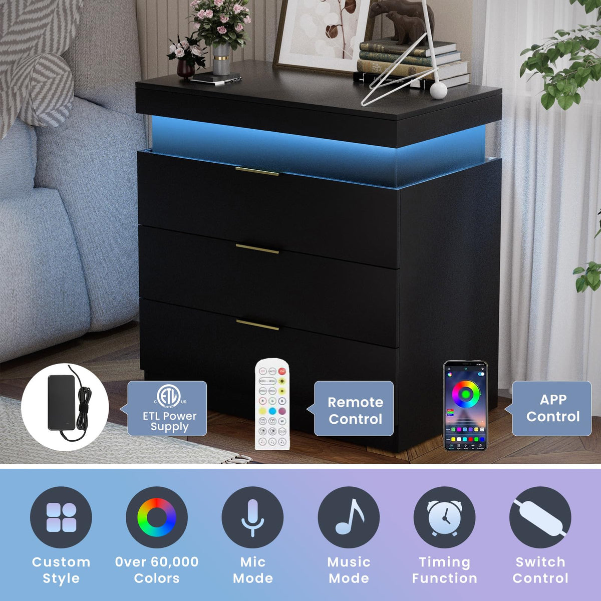 Black Nightstand with Charging Station and LED Lights Q6573