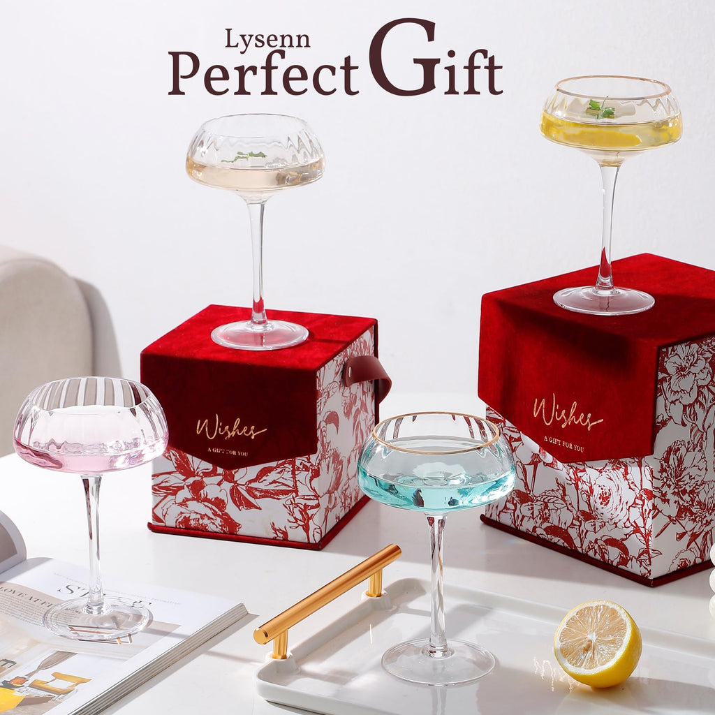 Coupe Glasses Set of 4 Hand Blown 8.45 oz Gold Rim P88944