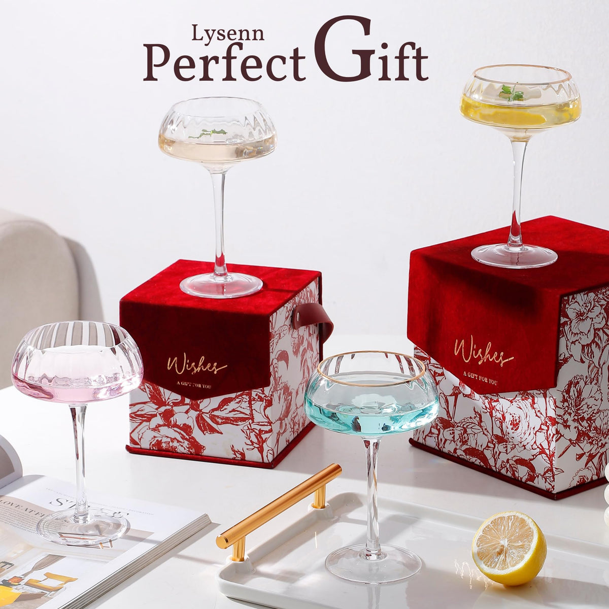 Coupe Glasses Set of 4 Hand Blown 8.45 oz Gold Rim P88944