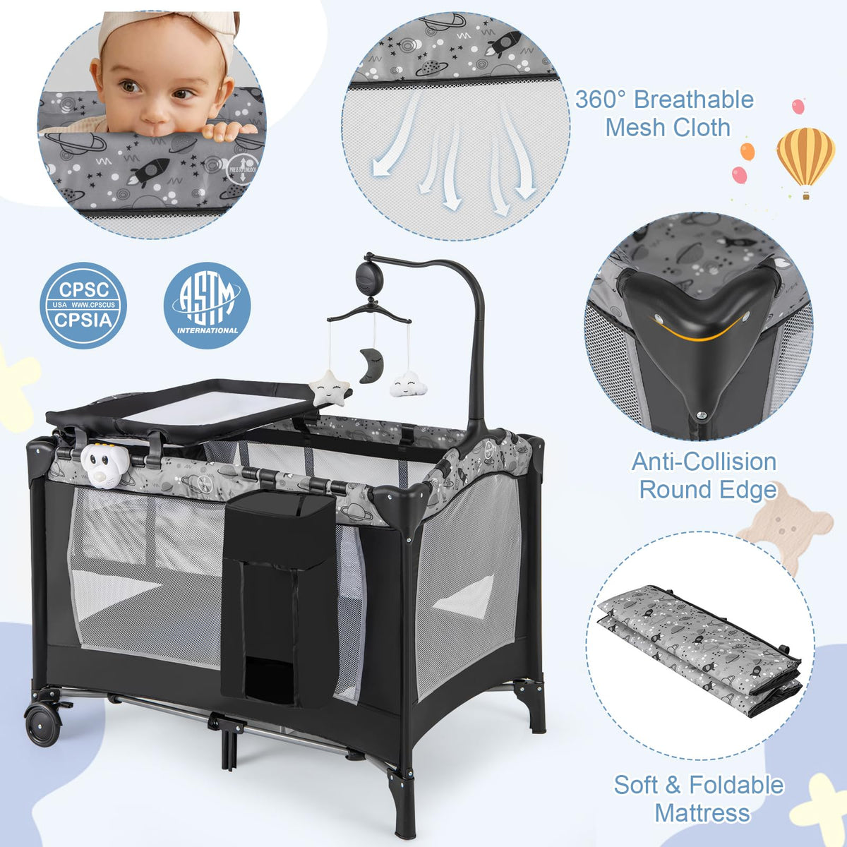 4 in 1 Portable Baby Playard with Bassinet and Changing Table U780