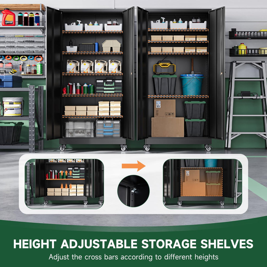 Metal Garage Storage Cabinets with Wheels, Locking Door and Adjustable Shelves (Black, 74.41" H) E7277