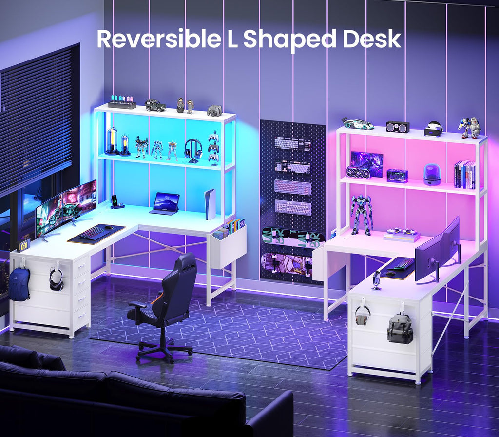 L Shaped Corner Desk with 4 Drawer, Power Outlet & LED Lights, White L91417