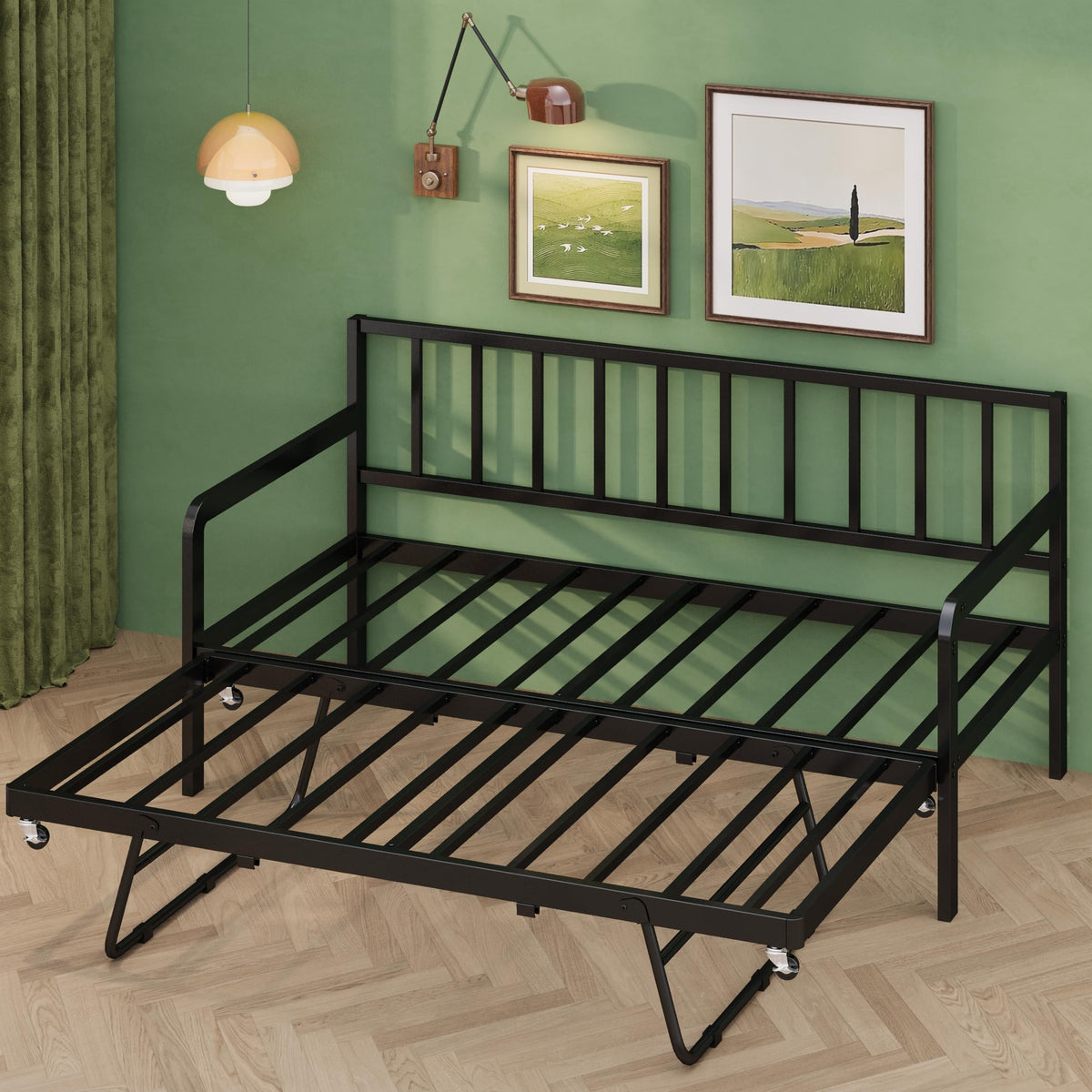 Twin Daybed with Pop Up Trundle, Metal Steel Slats, Black V878433