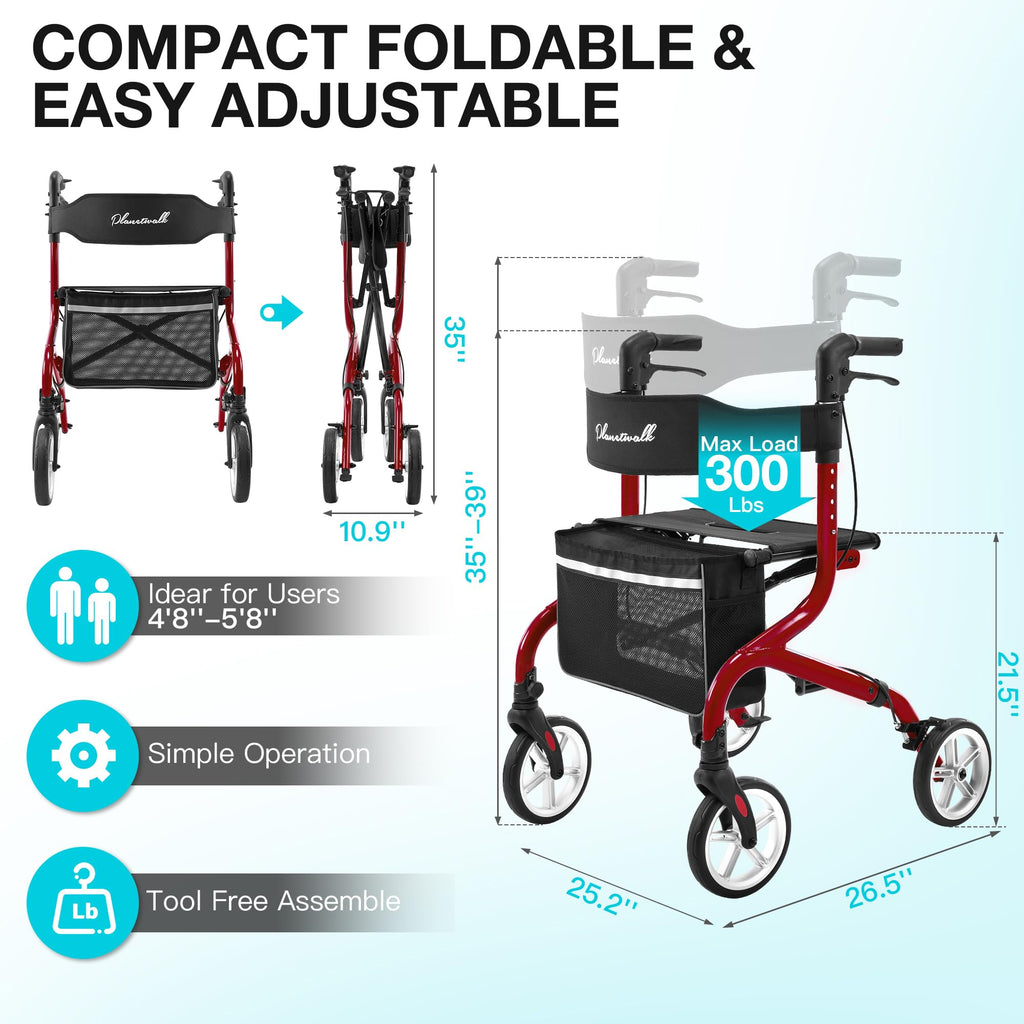 Lightweight Foldable Rollator Walker with Seat and 8" Rubber Wheels H481