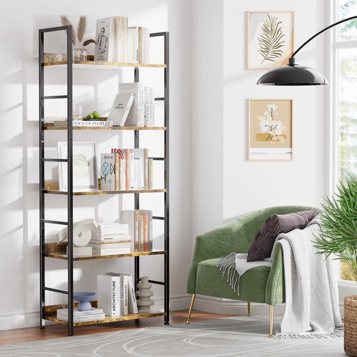 5 Tier Wood and Black Metal Bookshelf R87915