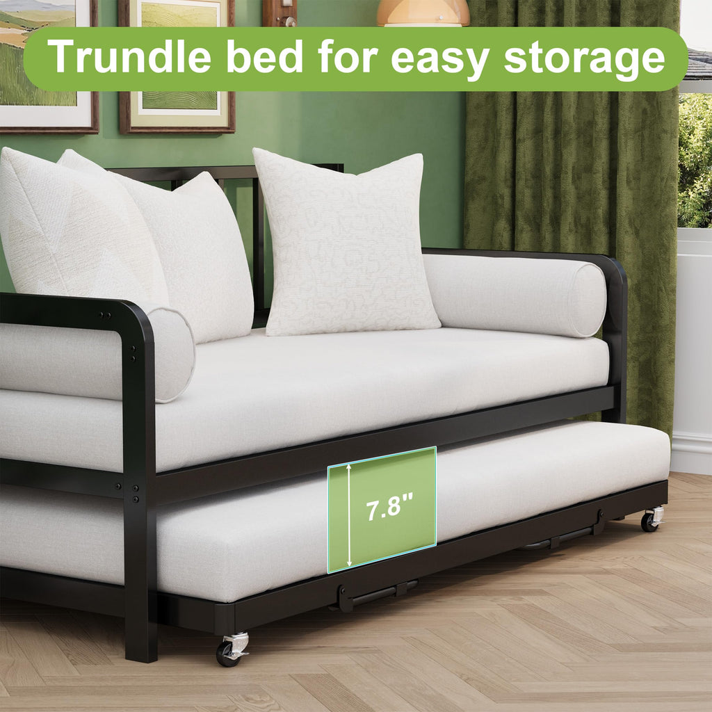 Twin Daybed with Pop Up Trundle, Metal Steel Slats, Black V878433