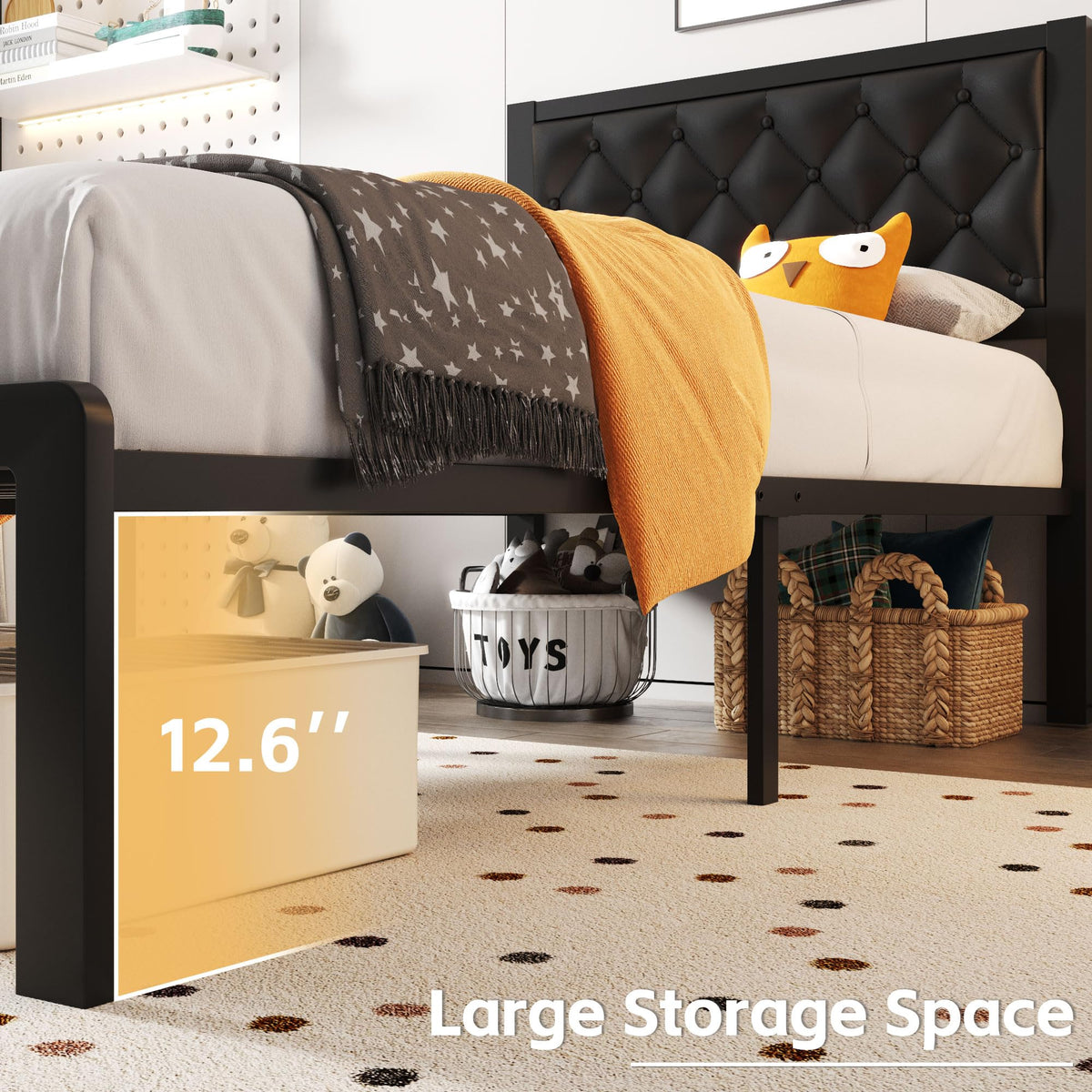 Black PU Leather Upholstered Twin Bed Frame with Headboard I17804