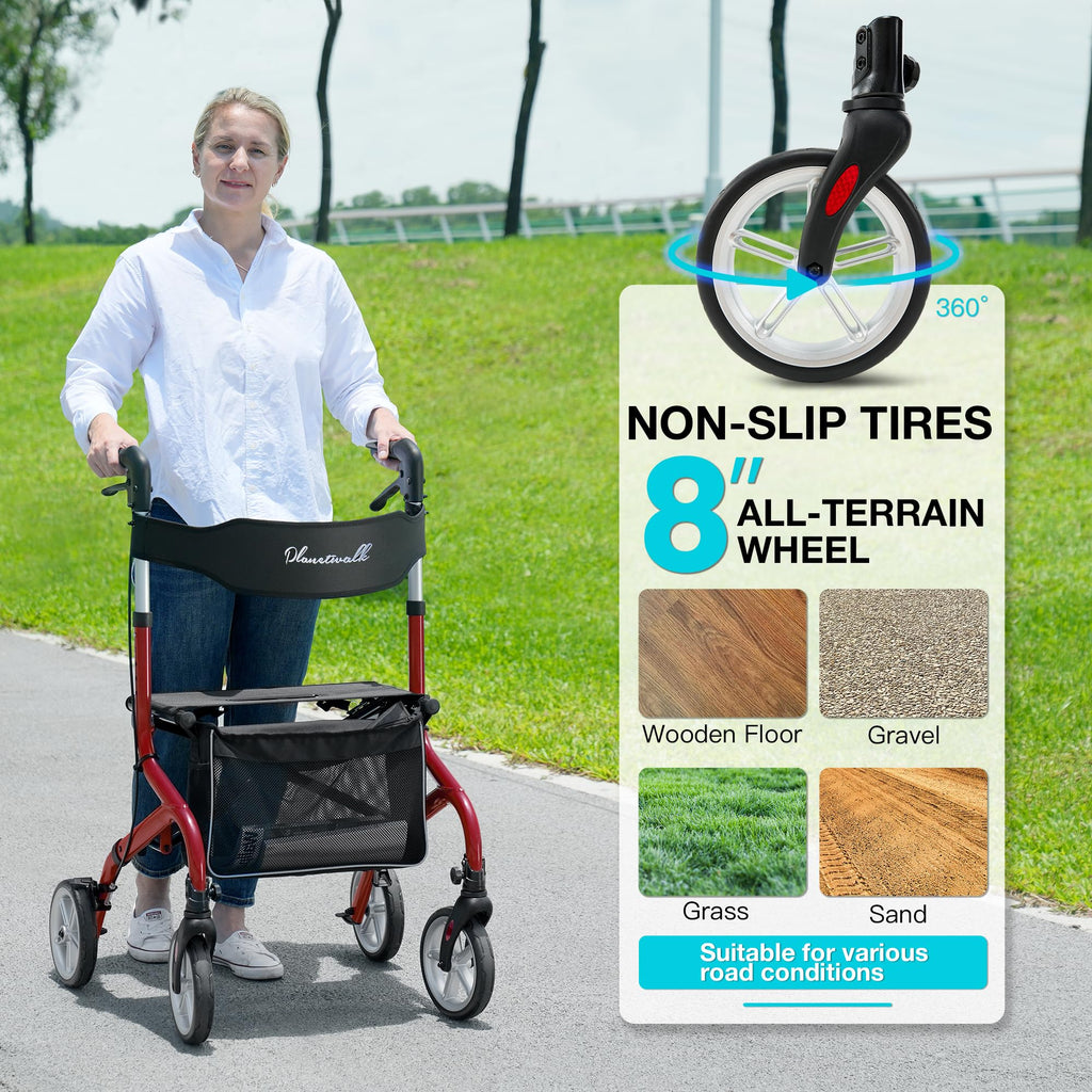 Lightweight Foldable Rollator Walker with Seat and 8" Rubber Wheels H481
