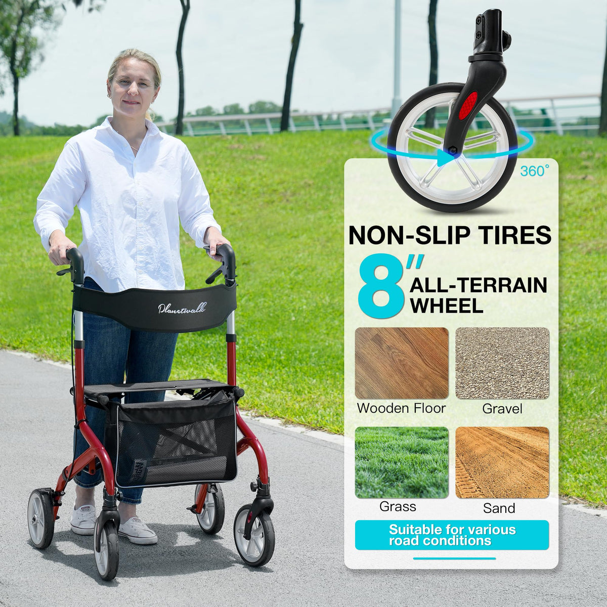 Lightweight Foldable Rollator Walker with Seat and 8" Rubber Wheels H481