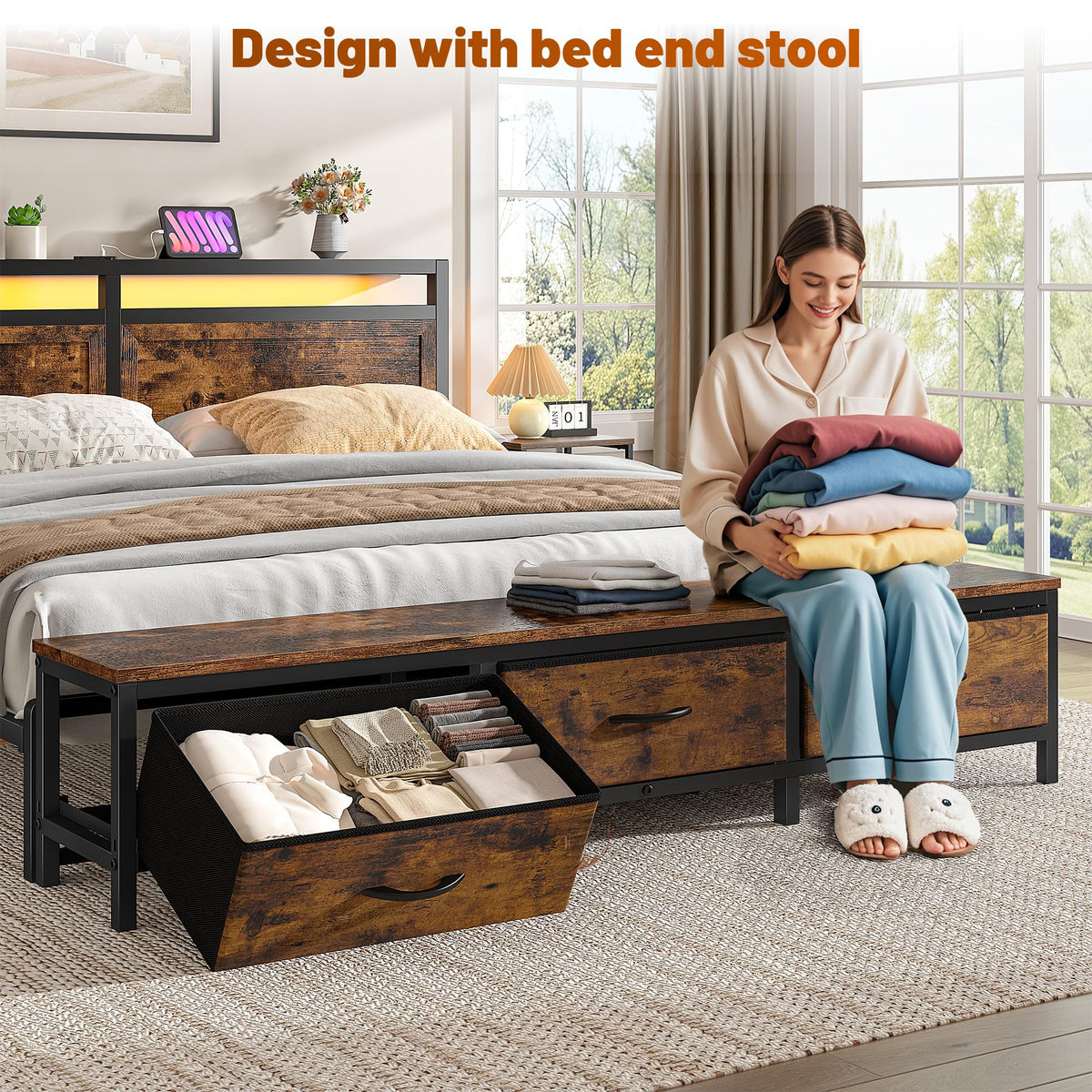 Queen Bed Frame with Ottoman & Charging Station N760