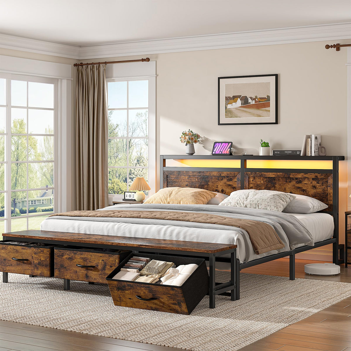 Queen Bed Frame with Ottoman & Charging Station N760