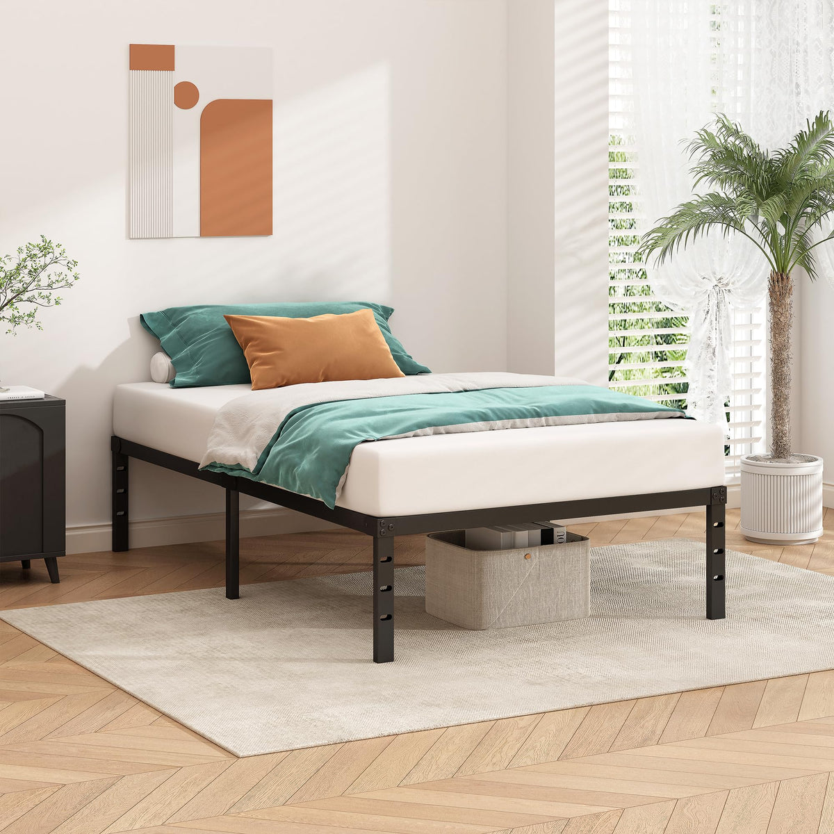 14 Inch Tall Black Metal Platform Twin Size Bed Frame F2379