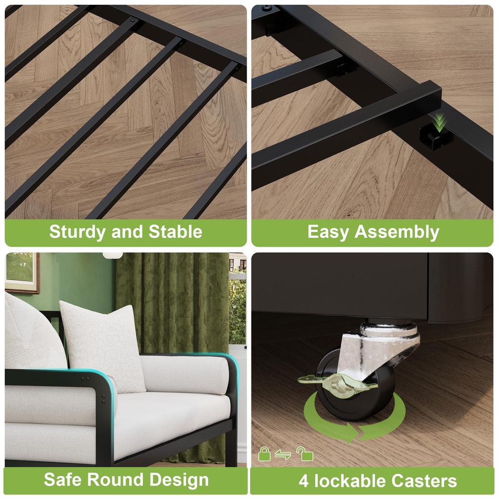 Twin Daybed with Pop Up Trundle, Metal Steel Slats, Black V878433