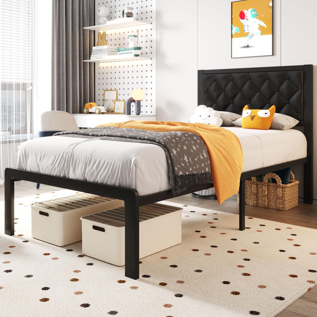 Black PU Leather Upholstered Twin Bed Frame with Headboard I17804