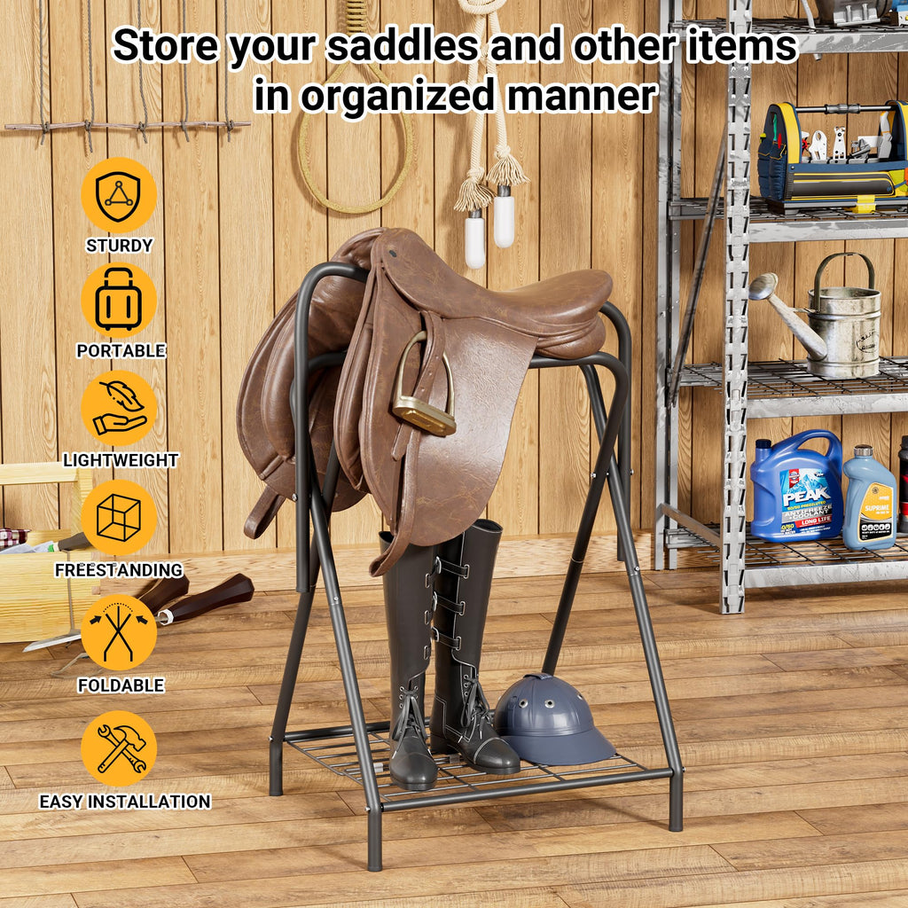 Foldable Saddle Rack with Storage Shelf, Black Z1263