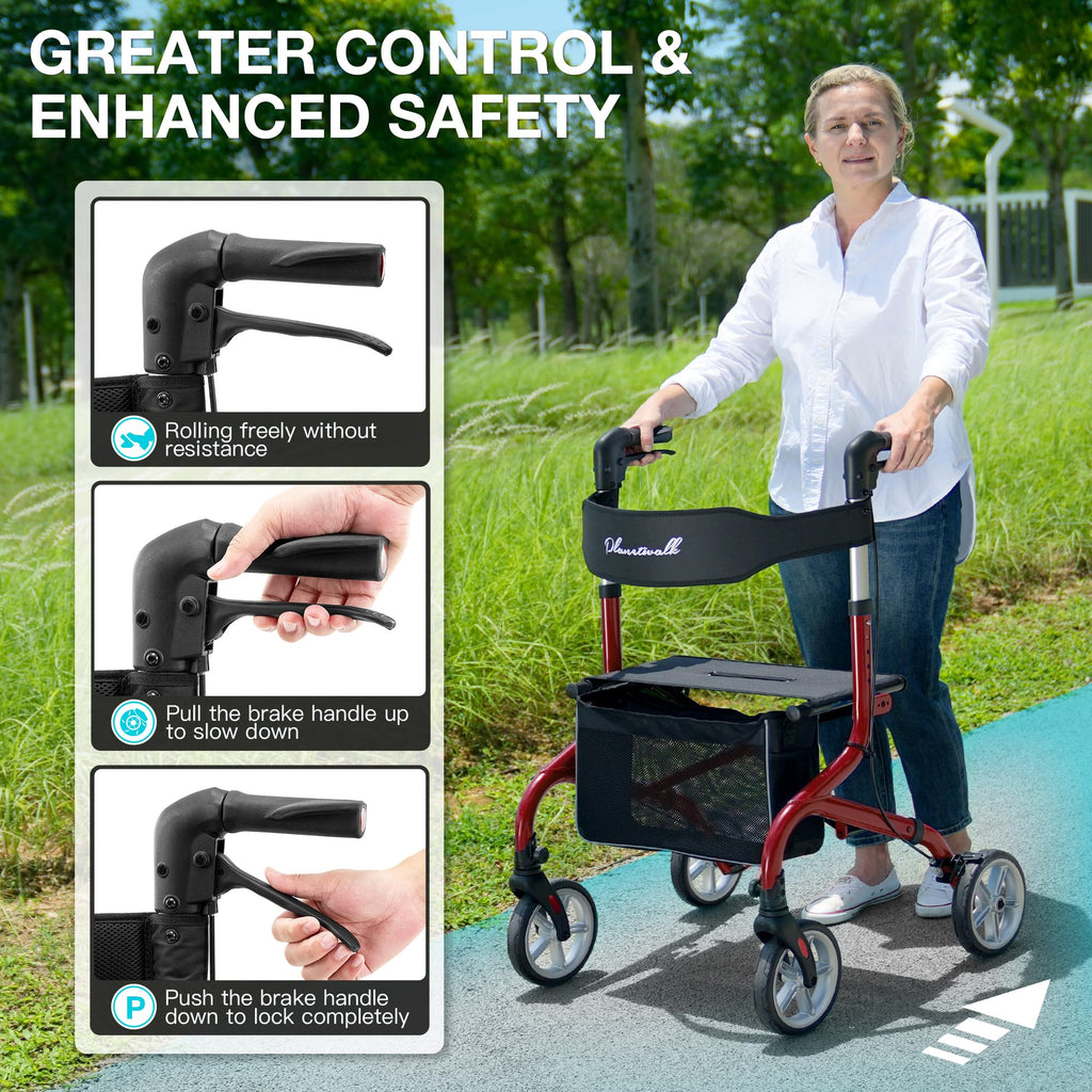 Lightweight Foldable Rollator Walker with Seat and 8" Rubber Wheels H481