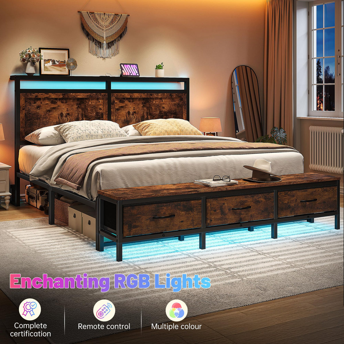 Queen Bed Frame with Ottoman & Charging Station N760
