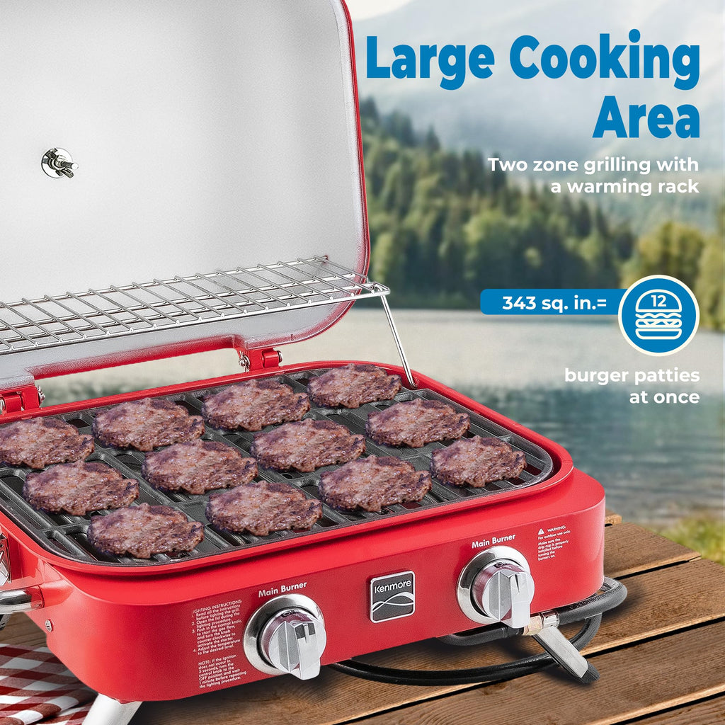 Portable Propane Gas Grill with Warming Rack, 2 Stainless Steel Burners, 14,000 BTUs, Red A569