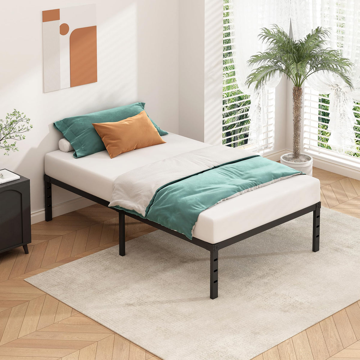 14 Inch Tall Black Metal Platform Twin Size Bed Frame F2379