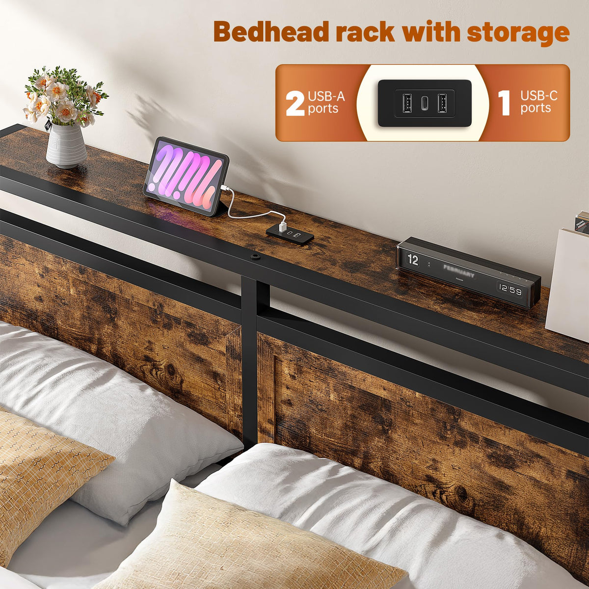 Queen Bed Frame with Ottoman & Charging Station N760